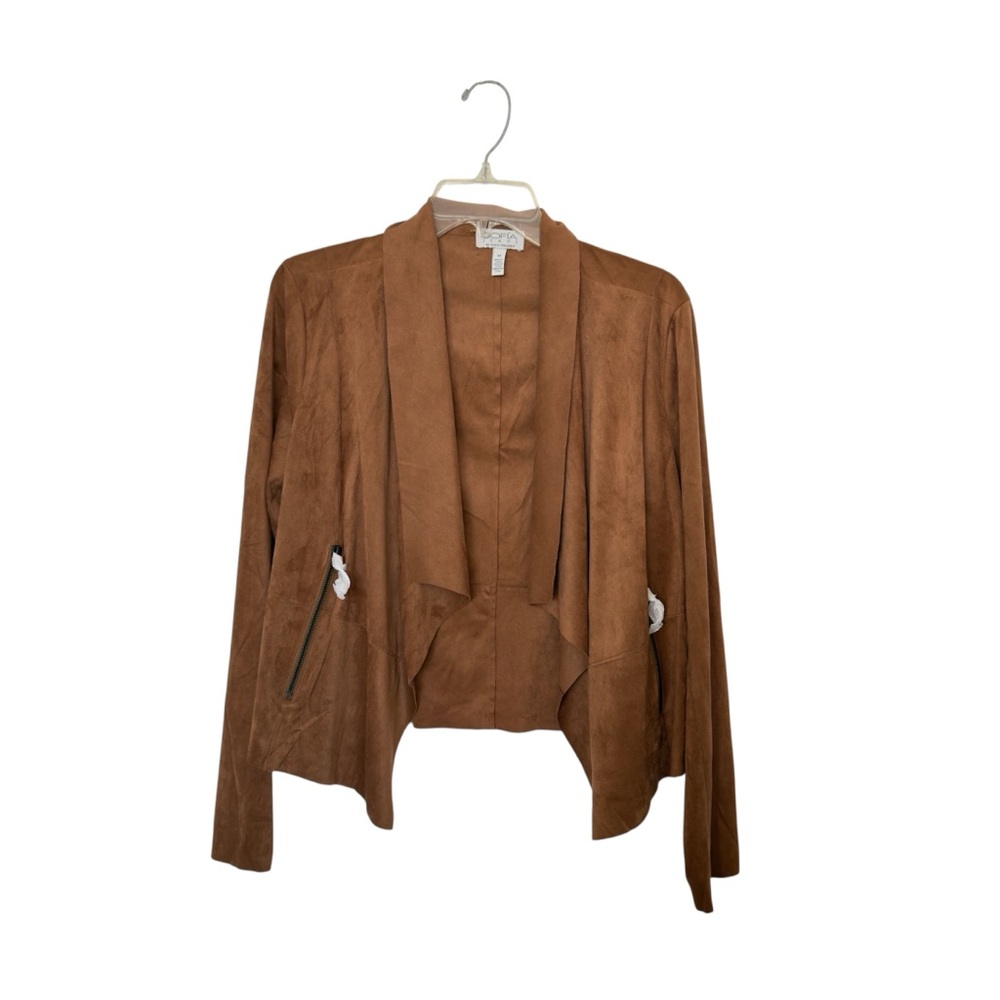 Sofia Jeans Medium Boho Drape Open Front Cardigan Jacket Zipper Pockets Casual